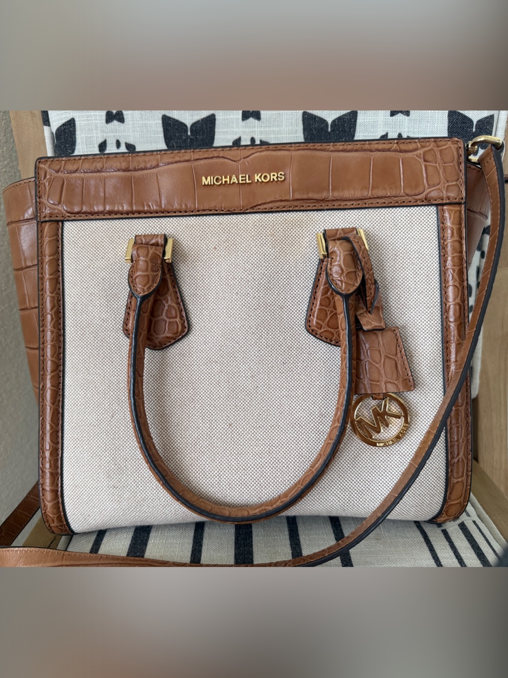 Michael Kors Colette Large Classic Canvas & Croc-Embossed Leather Satchel